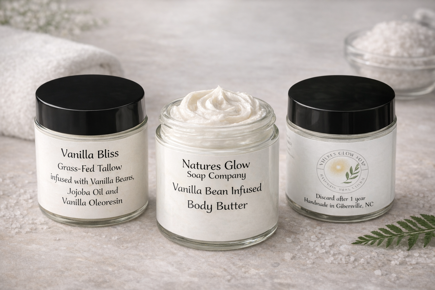 100% Natural  Organic Vanilla Bean Infused Grass Fed &Finished Beef Tallow Whipped Body Butter